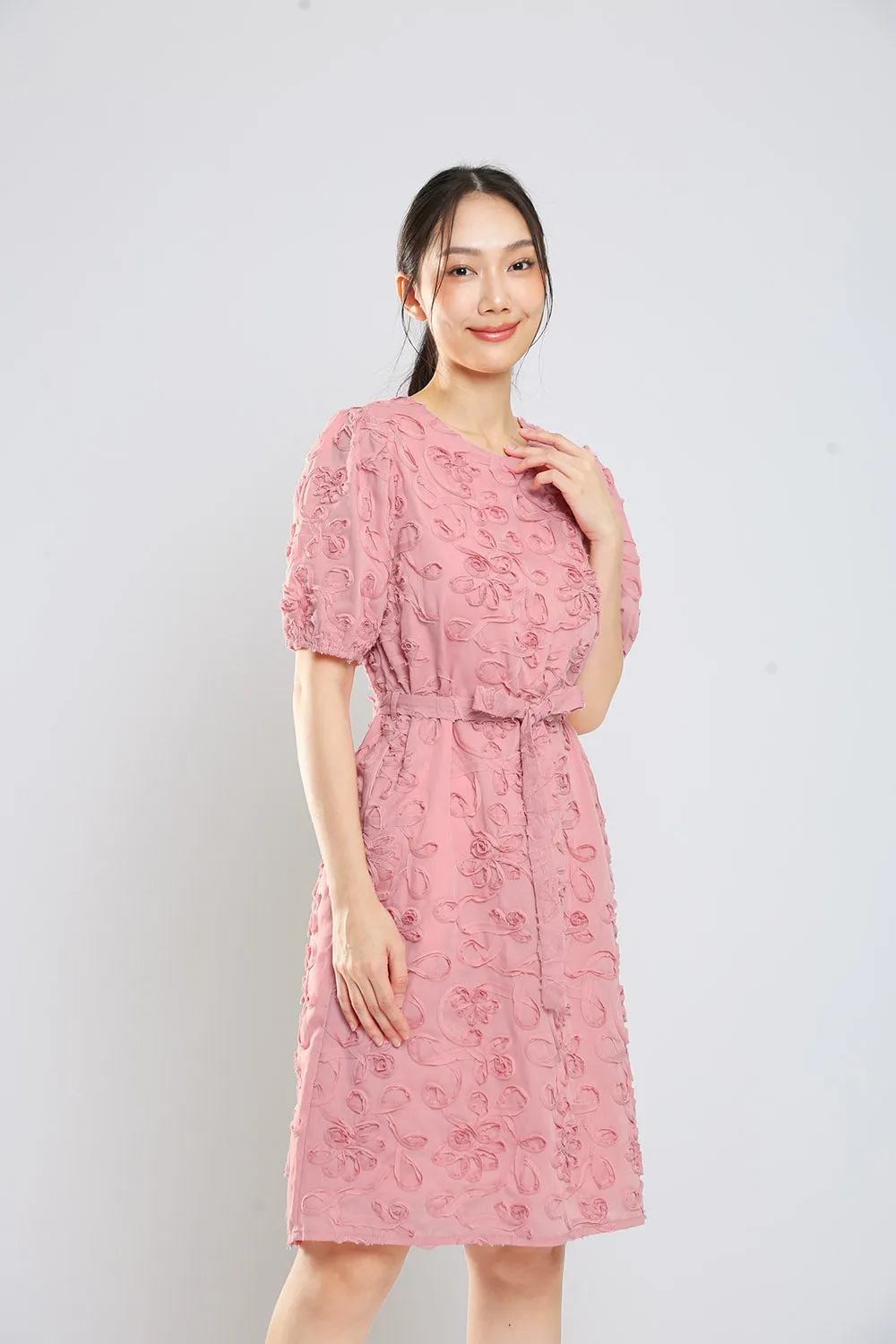 Brilynn Floral Embossed Dress in Dust Pink