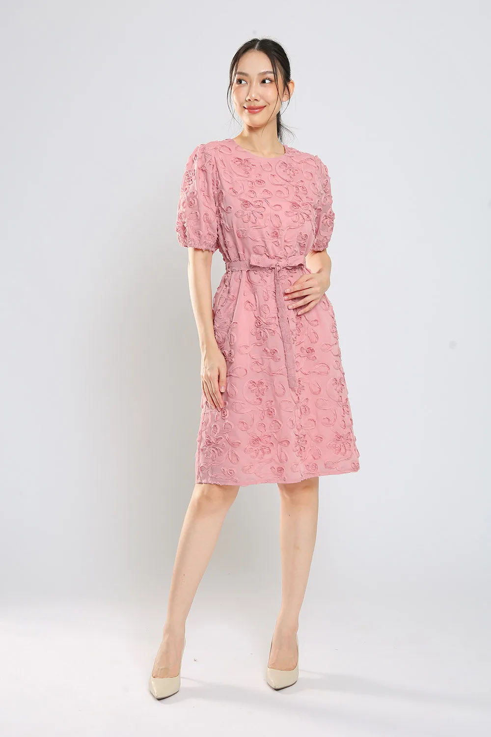 Brilynn Floral Embossed Dress in Dust Pink