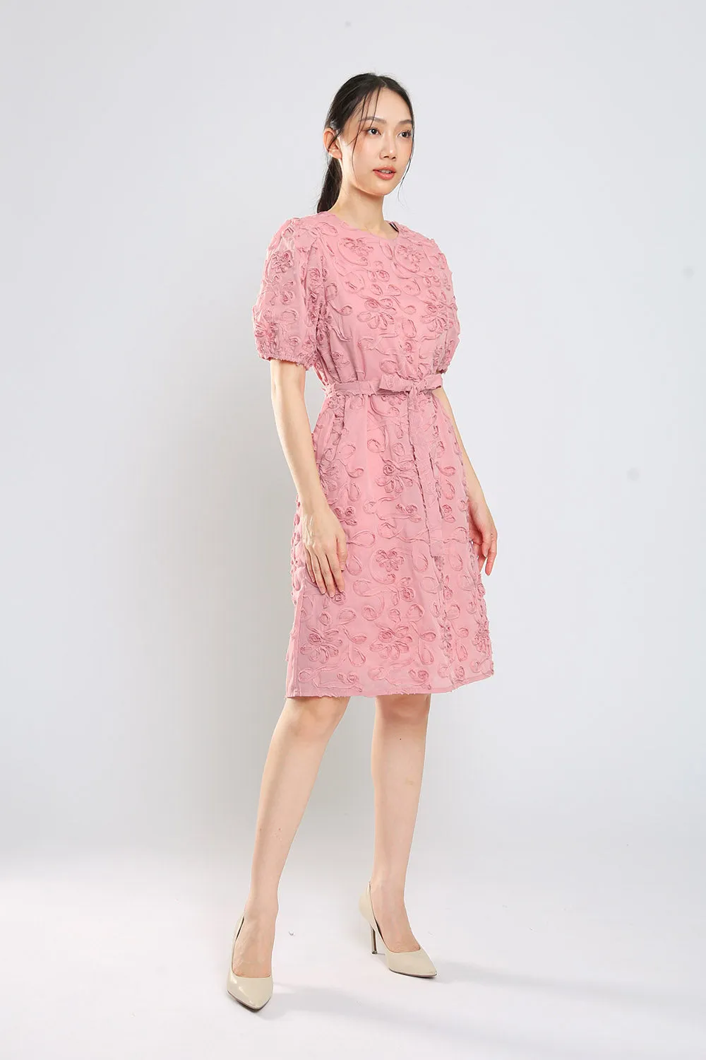 Brilynn Floral Embossed Dress in Dust Pink
