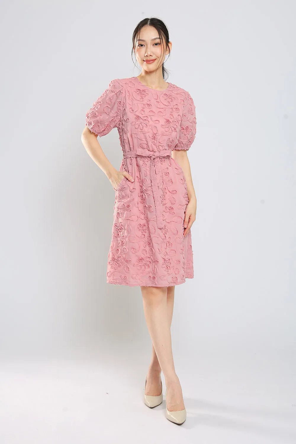 Brilynn Floral Embossed Dress in Dust Pink