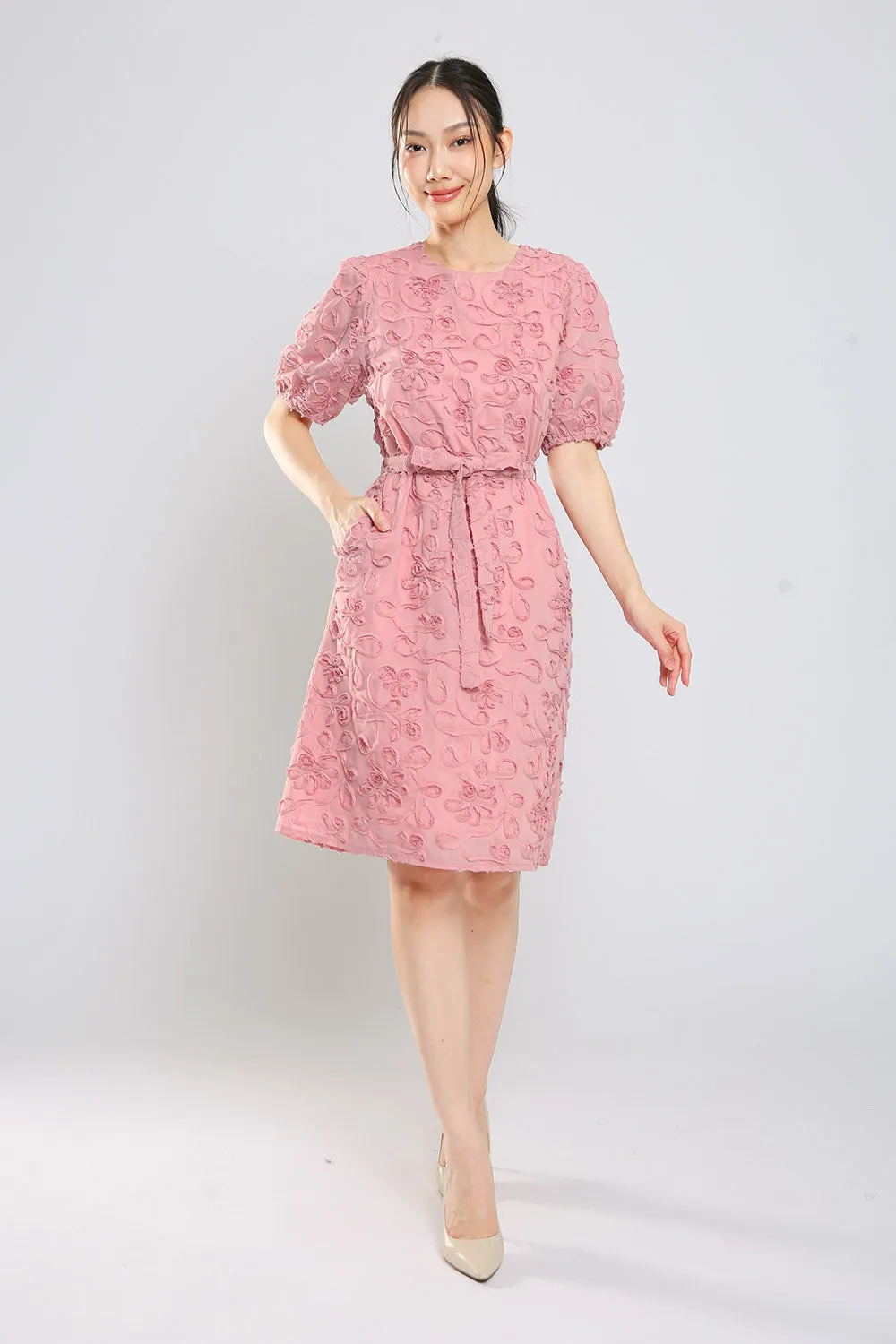 Brilynn Floral Embossed Dress in Dust Pink