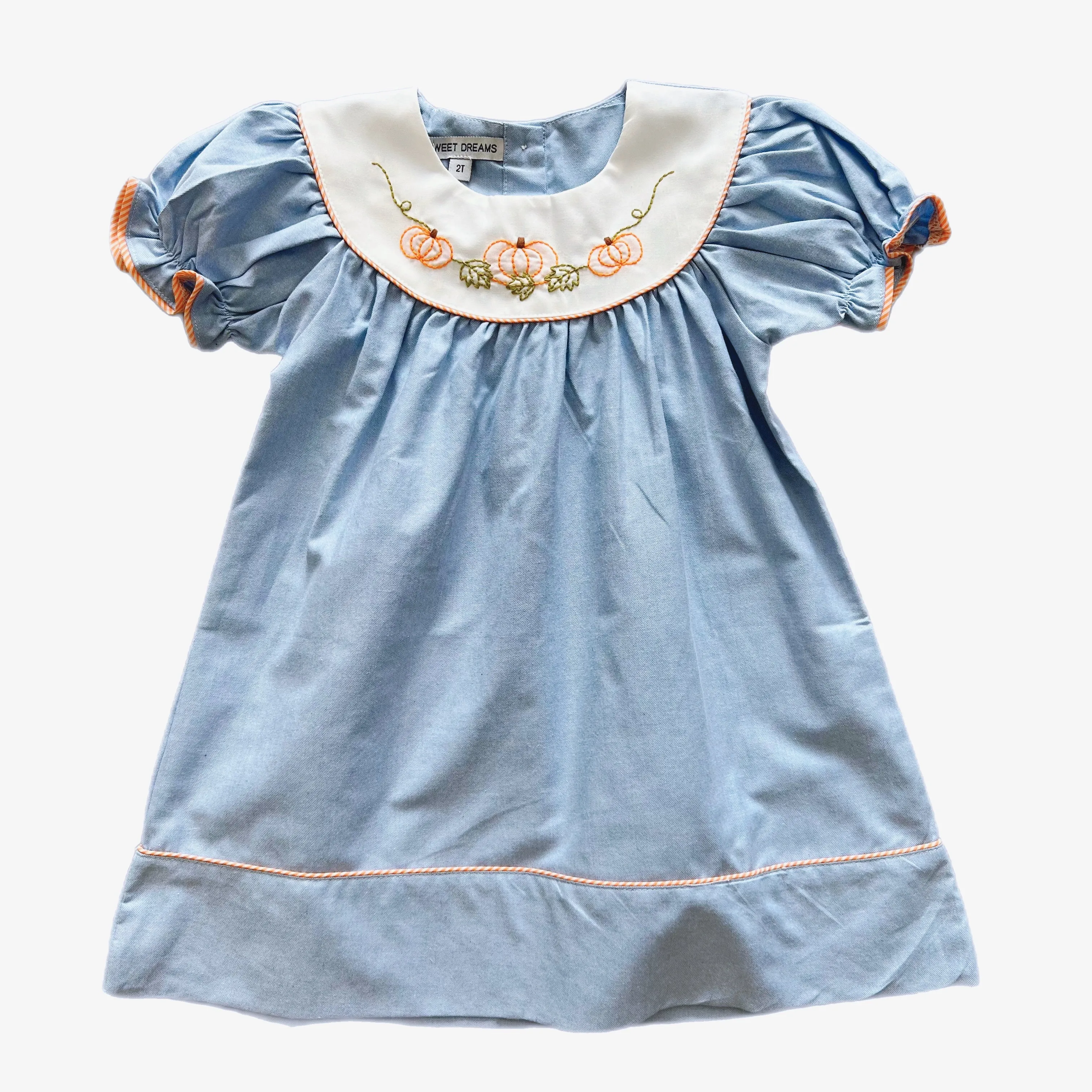 Chambray Pumpkin Embroidered Short Sleeve Dress