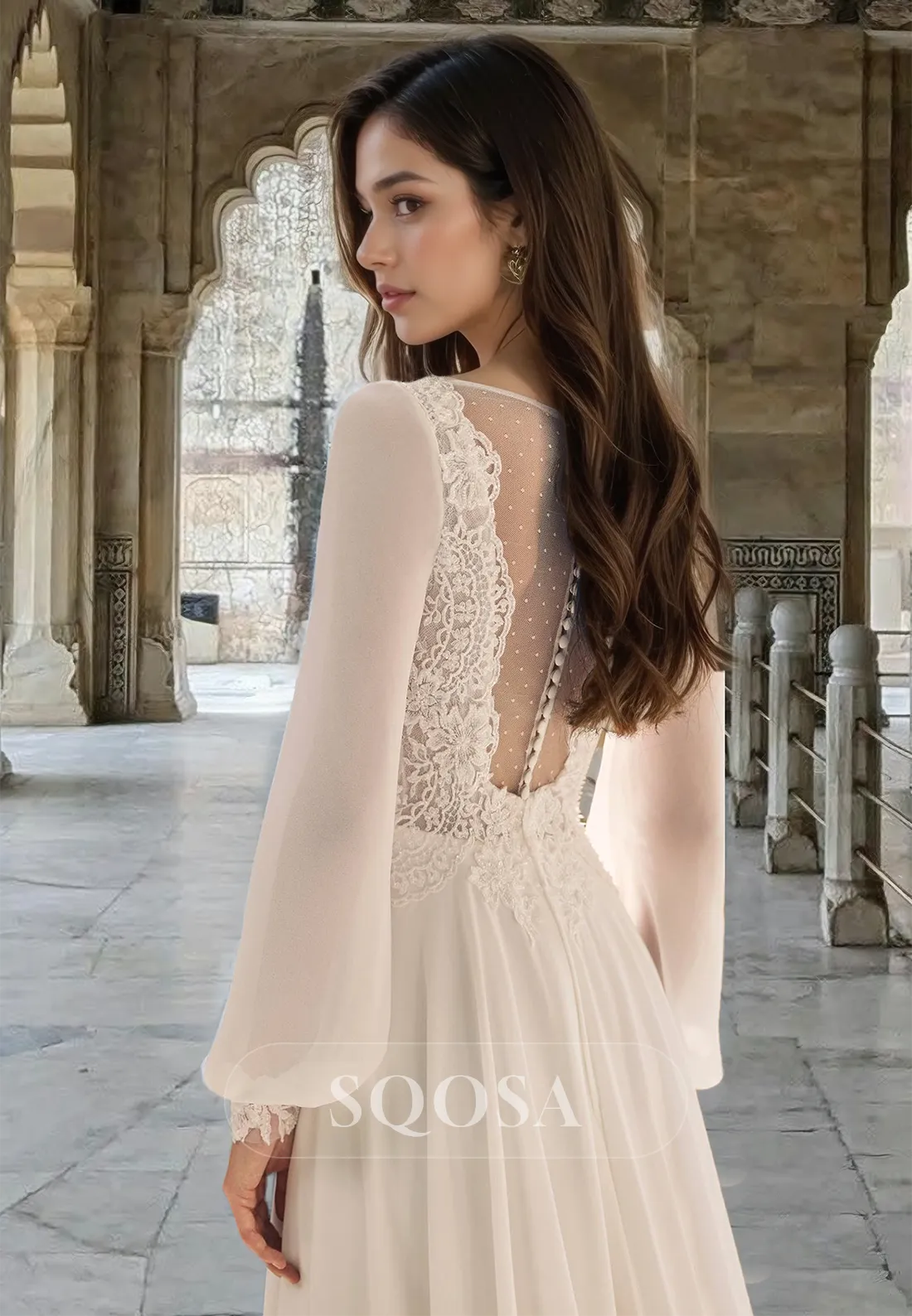 Deep V-Neck Lace Applique Pleated Bride Gowns Long Sleeves Pleated Tulle A-Line Wedding Dress