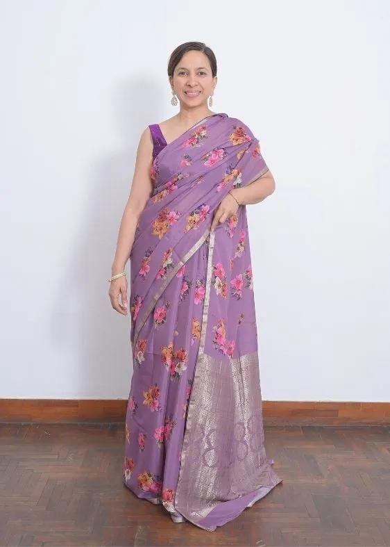 Lavender Floral Printed Crepe Silk Sari