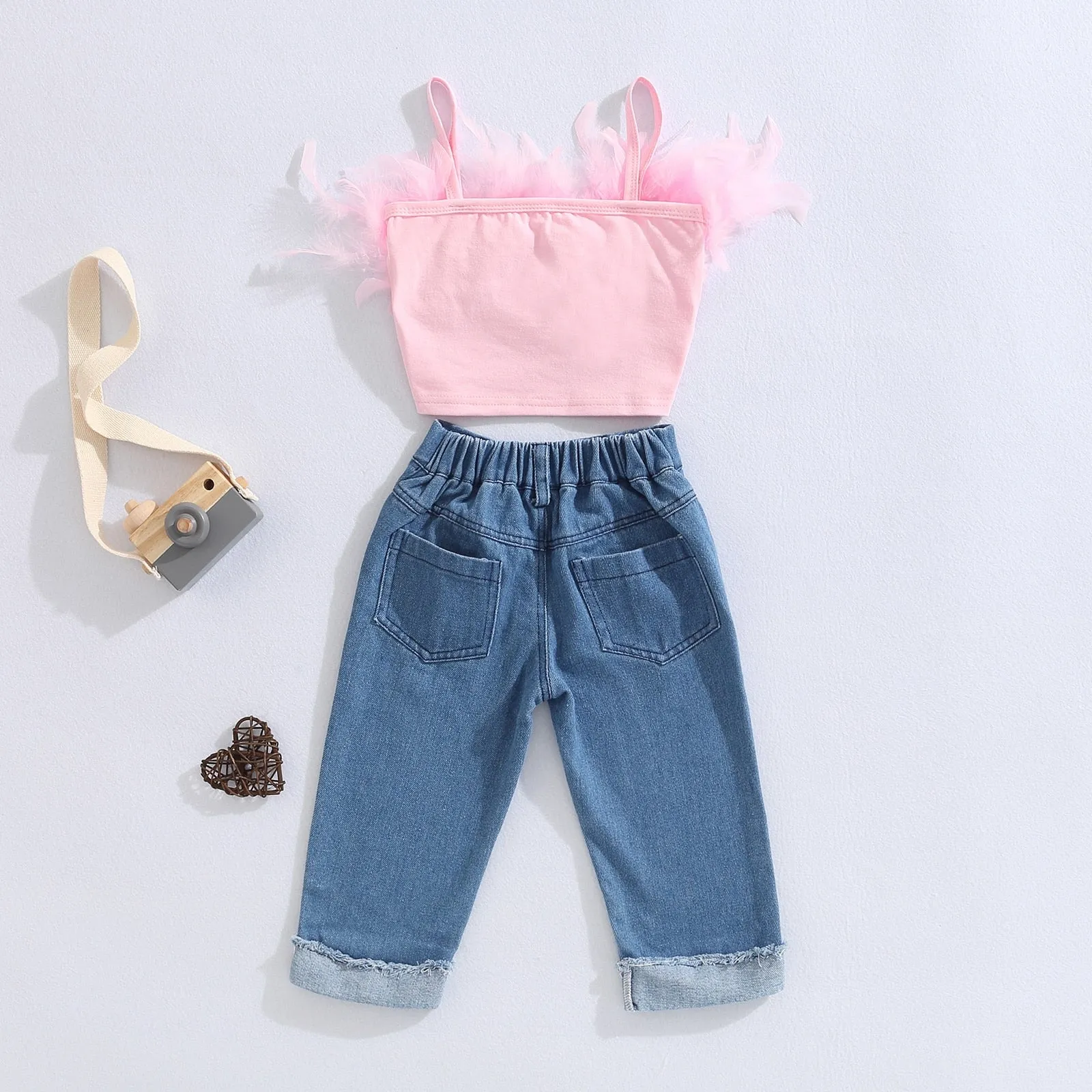 Pink Sleeveless Feather Camisole   Denim Pants with Pockets