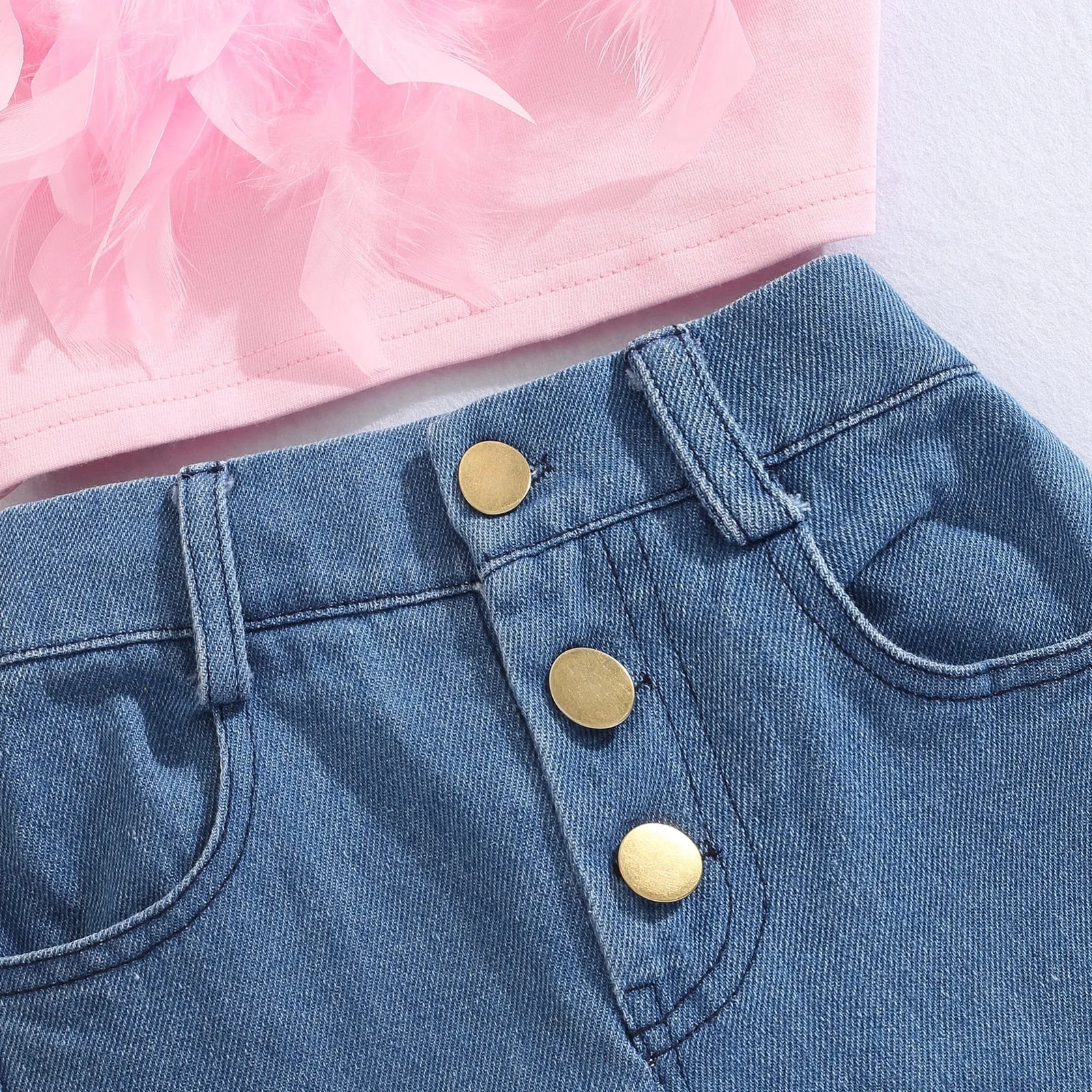 Pink Sleeveless Feather Camisole   Denim Pants with Pockets