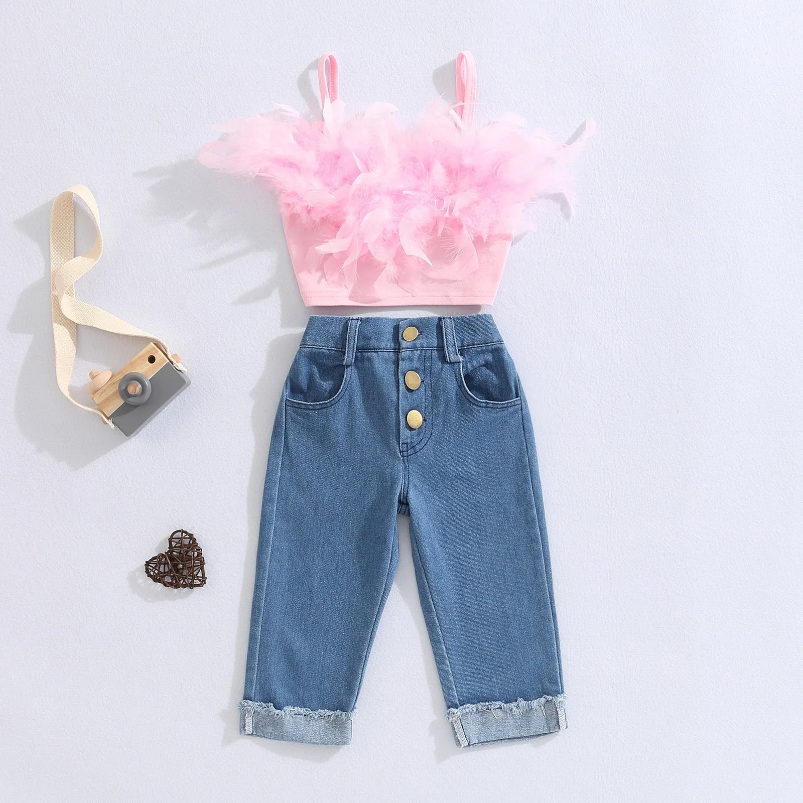 Pink Sleeveless Feather Camisole   Denim Pants with Pockets