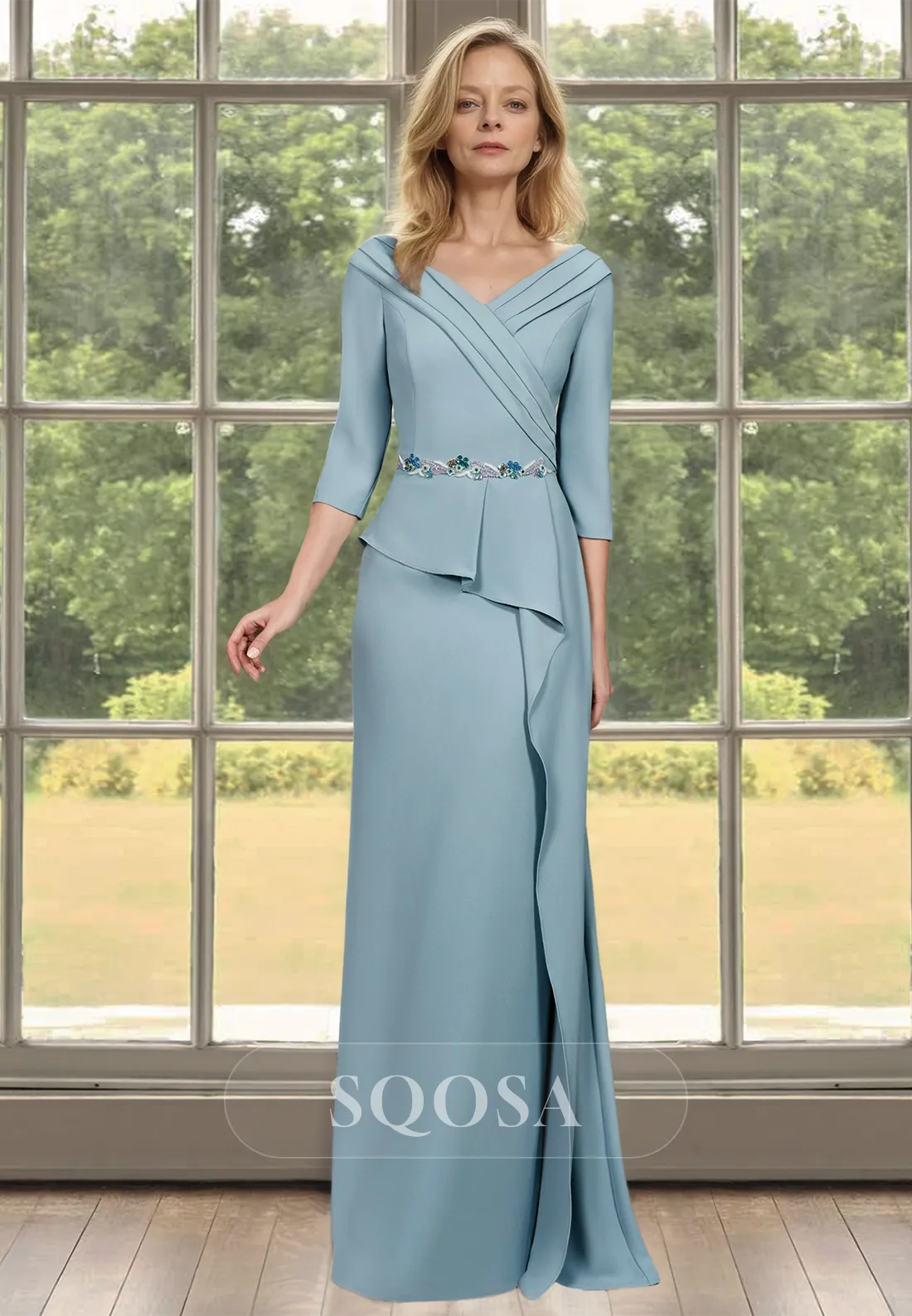 Pleated V-Neck Long-Sleeves Cocktail Gowns Beaded Floor-Length Tiered Mermaid Mother of the Bride Dress