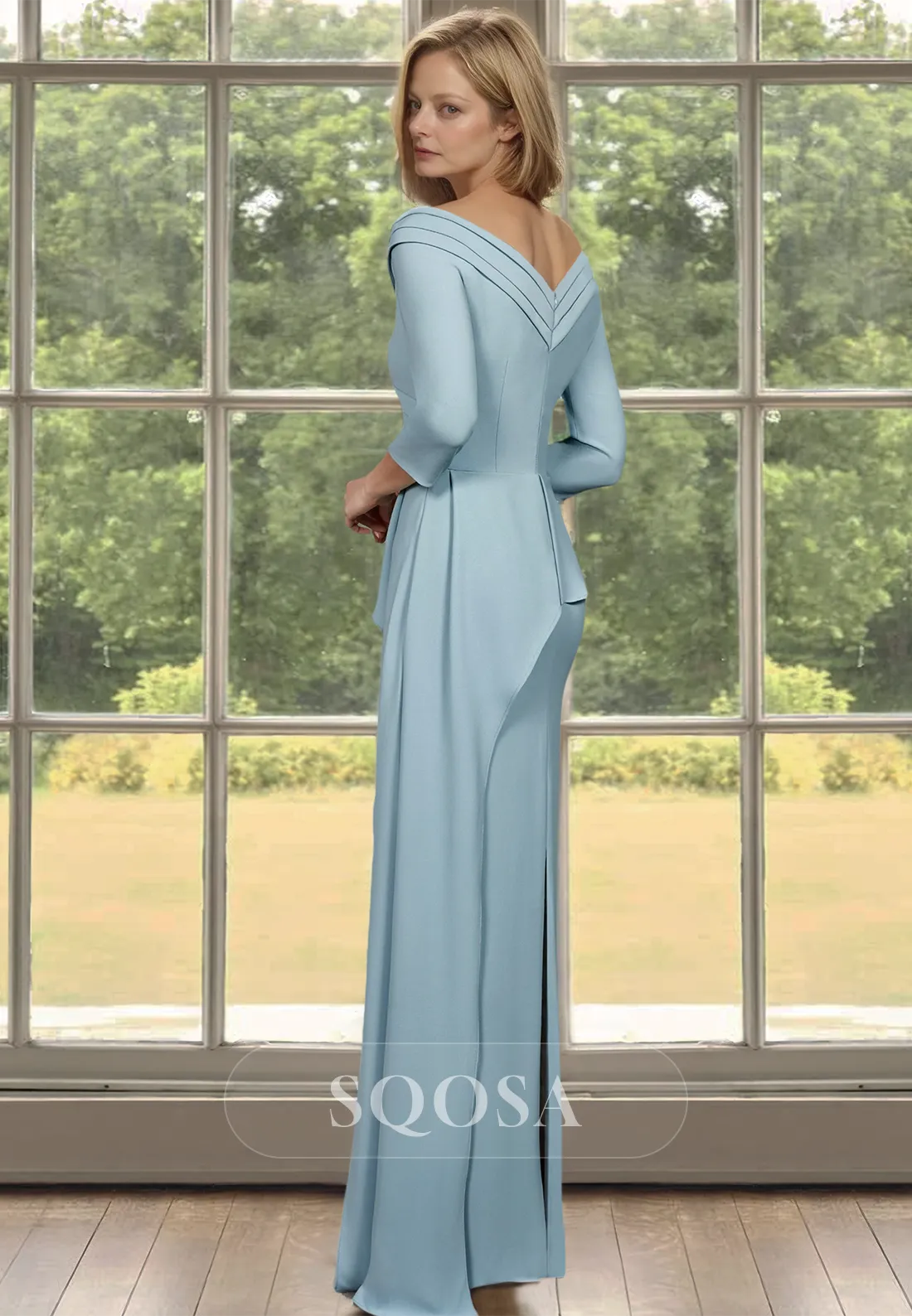 Pleated V-Neck Long-Sleeves Cocktail Gowns Beaded Floor-Length Tiered Mermaid Mother of the Bride Dress