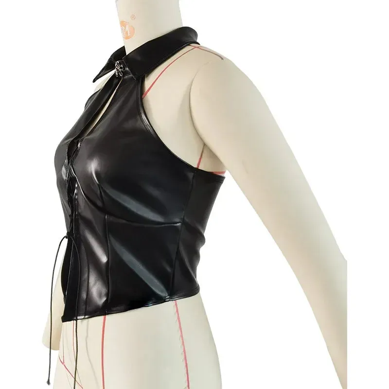 Sexy PU Imitation Leather Tank Top – Bold, Backless Cross Bandage Crop Top