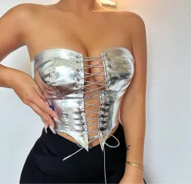 Women PU Leather Bustier Crop Top with Asymmetrical Strapless Lace-Up Design