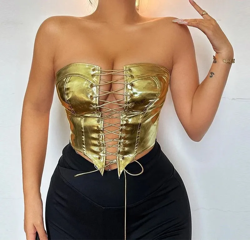Women PU Leather Bustier Crop Top with Asymmetrical Strapless Lace-Up Design