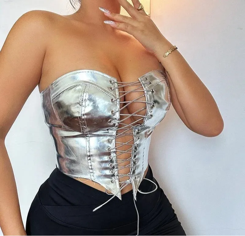 Women PU Leather Bustier Crop Top with Asymmetrical Strapless Lace-Up Design