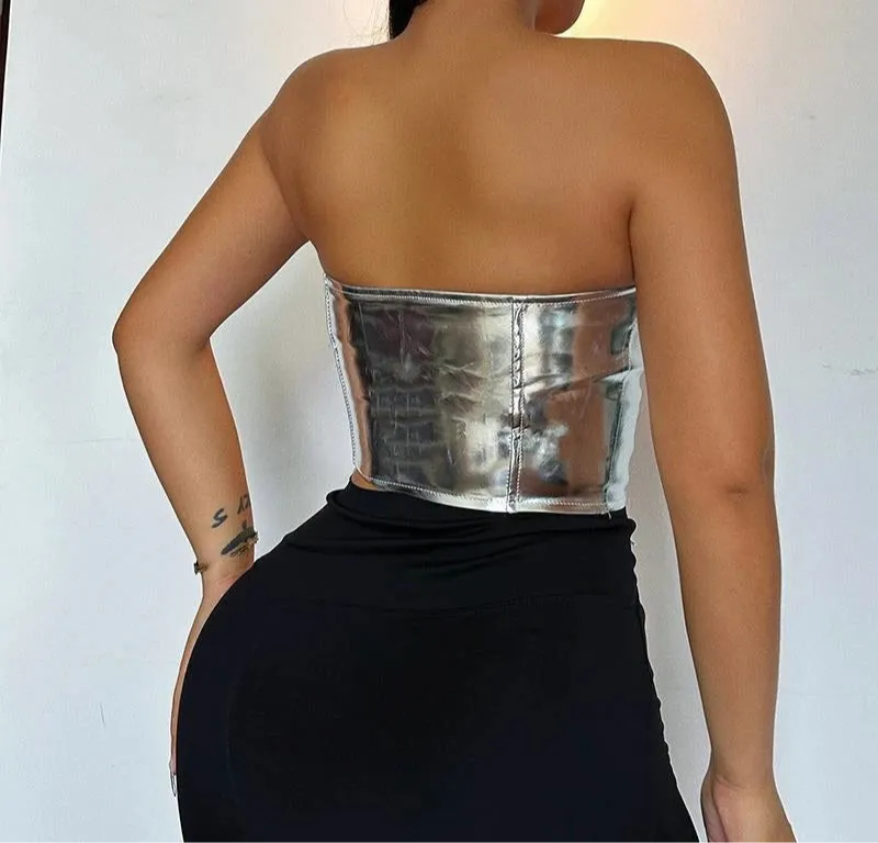 Women PU Leather Bustier Crop Top with Asymmetrical Strapless Lace-Up Design