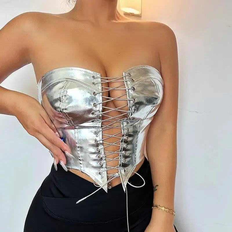 Women PU Leather Bustier Crop Top with Asymmetrical Strapless Lace-Up Design